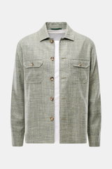 Stile Latino Overshirt 'Gu Texas' dunkelgrün/offwhite meliert, frontal fotografiert, Regular Fit mit Fünf-Knopf-Leiste, Umlegekragen, vier Fronttaschen, Knopfärmel, aus Wolle, Seide, Leinen, unconstructed Design, leicht griffige Haptik.