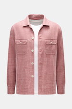 Front view of Stile Latino Overshirt 'Gu Texas' dunkelrot/offwhite meliert, a regular fit layer piece with five-button placket, fold-down collar, four front pockets, buttoned cuffs, and unconstructed design in a wool, silk, and linen blend, featuring a li