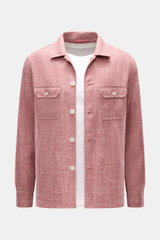 Front view of Stile Latino Overshirt 'Gu Texas' dunkelrot/offwhite meliert, a regular fit layer piece with five-button placket, fold-down collar, four front pockets, buttoned cuffs, and unconstructed design in a wool, silk, and linen blend, featuring a li