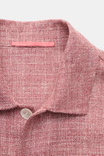 Close-up front view of Stile Latino Overshirt 'Gu Texas' dunkelrot/offwhite meliert showing the textured wool, silk, and linen blend fabric with a regular fit, five-button placket, turn-down collar, four front pockets, buttoned cuffs, and unconstructed de