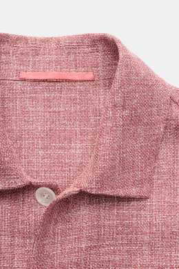 Close-up front view of Stile Latino Overshirt 'Gu Texas' dunkelrot/offwhite meliert showing the textured wool, silk, and linen blend fabric with a regular fit, five-button placket, turn-down collar, four front pockets, buttoned cuffs, and unconstructed de