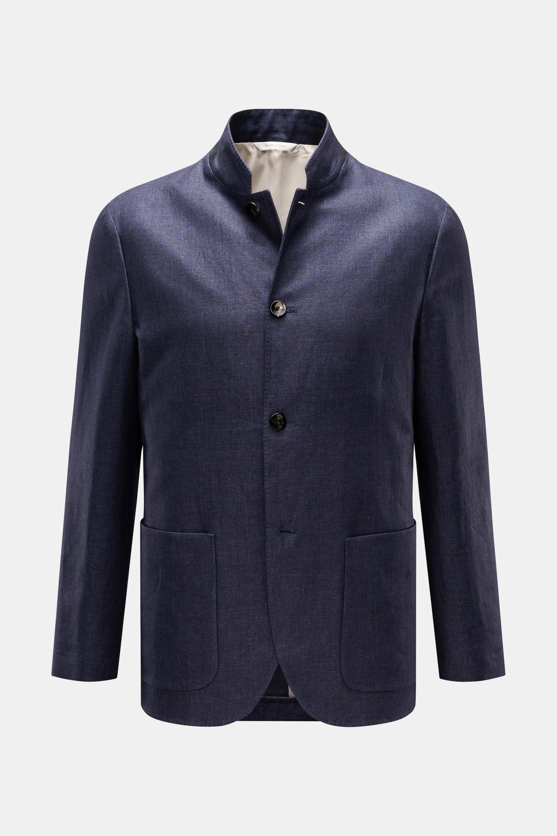 Front view of Agnona Smart-casual jacket navy mottled, a slim-fit, half-lined pure linen jacket with step lapel, four-button style, patch pockets, side vents, and three inside pockets.  

Description:  
<p>The finest craftsmanship meets timeless elegance:
