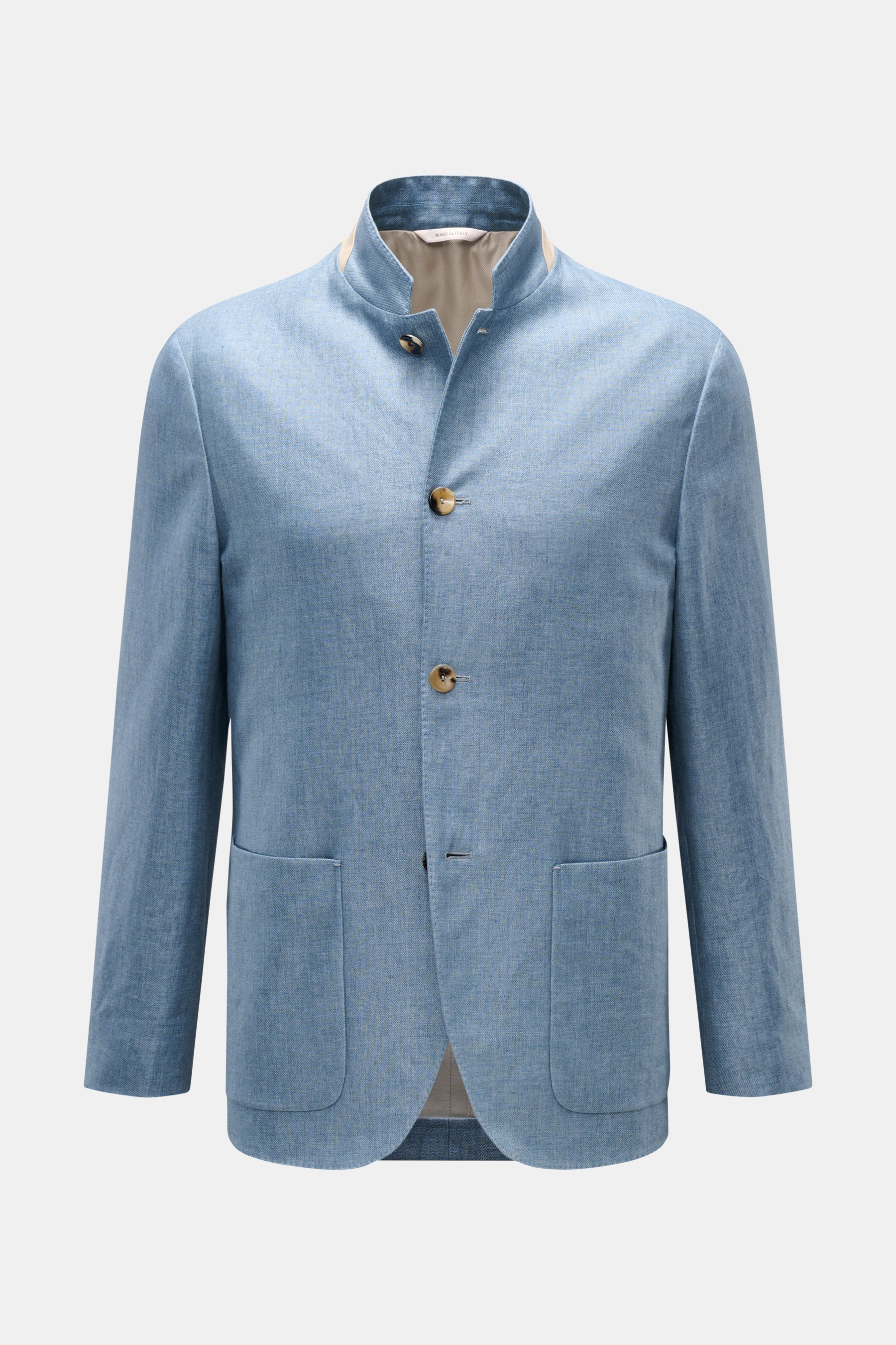 Agnona Smart-casual jacket smoky blue mottled shown from the front, slim fit, four-button style with step lapel and patch hip pockets. The finest craftsmanship meets timeless elegance: This half-lined smart-casual jacket in pure linen is an excellent exam
