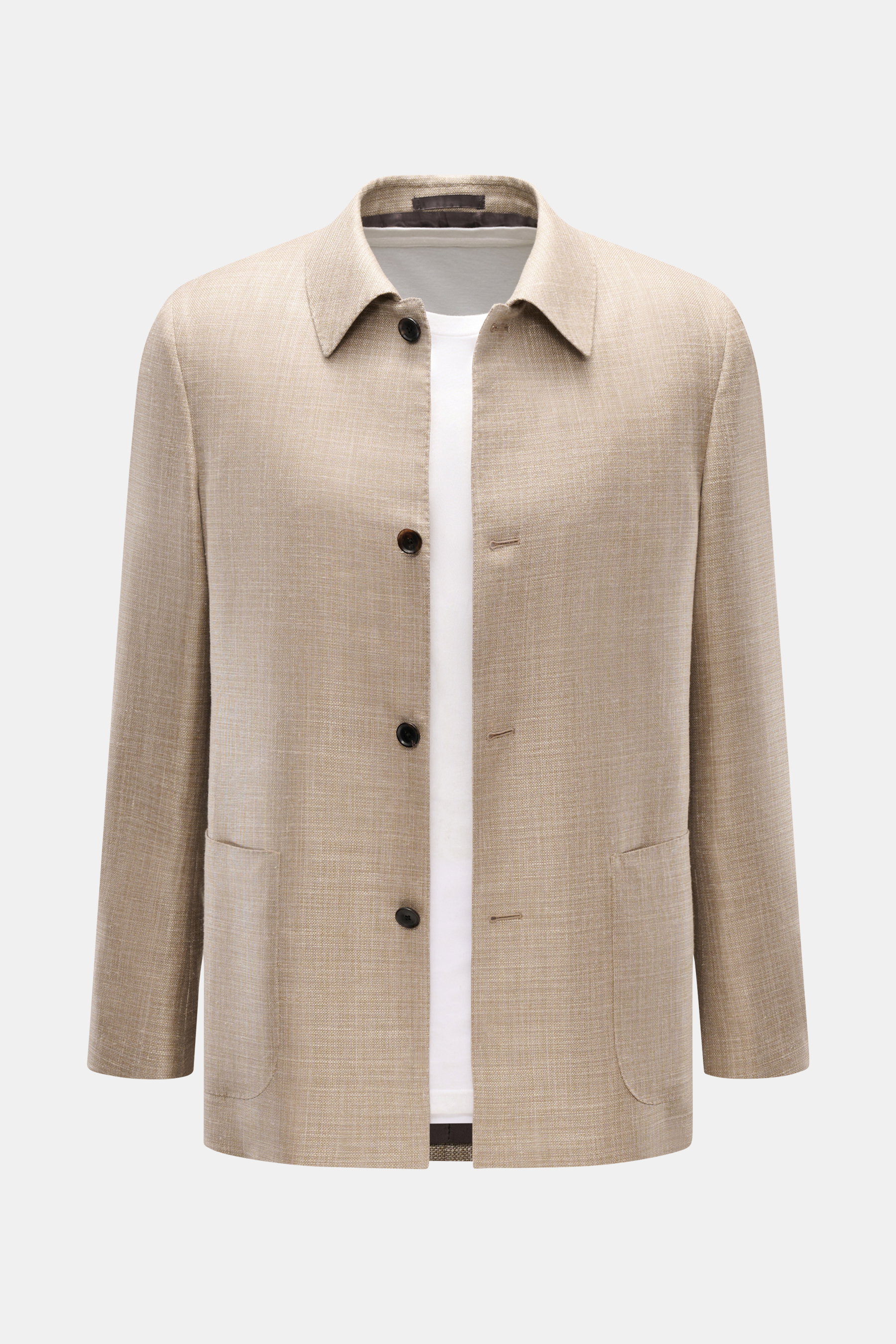 Front view of Caruso Overshirt 'Fedora' beige mottled, a slim-fit lightweight Panama fabric overshirt with turn-down collar and patch hip pockets.

<p>CARUSO has been synonymous with perfect fit and timeless design since 1958. The overshirt 'Fedora' in wo