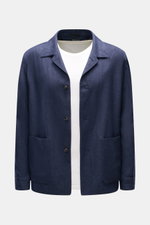 Front view of the Zegna Overshirt navy in fine twill linen and wool blend, featuring a lapel collar, three-button placket, patch hip pockets, and slim fit.

<p>This overshirt by ZEGNA, made from linen and wool, embodies Italian casual style with its pleas