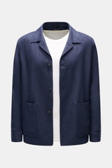 Front view of the Zegna Overshirt navy in fine twill linen and wool blend, featuring a lapel collar, three-button placket, patch hip pockets, and slim fit.

<p>This overshirt by ZEGNA, made from linen and wool, embodies Italian casual style with its pleas