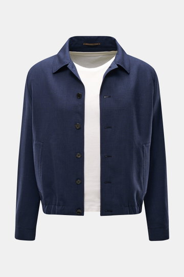 Incotex Overshirt navy meliert, Frontansicht, Regular Fit, Schurwoll-Seide-Mix, Blouson-Look mit Umlegekragen, sechs Knöpfen, elastischem Saum.