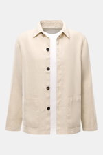 Beige 04651/ A trip in a bag Overshirt 'Linen Jacket' aus reinem Leinen, Slim Fit, fünf Knöpfe, Umlegekragen, Front- und Innentasche, frontal.