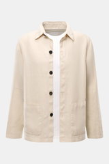 Beige 04651/ A trip in a bag Overshirt 'Linen Jacket' aus reinem Leinen, Slim Fit, fünf Knöpfe, Umlegekragen, Front- und Innentasche, frontal.