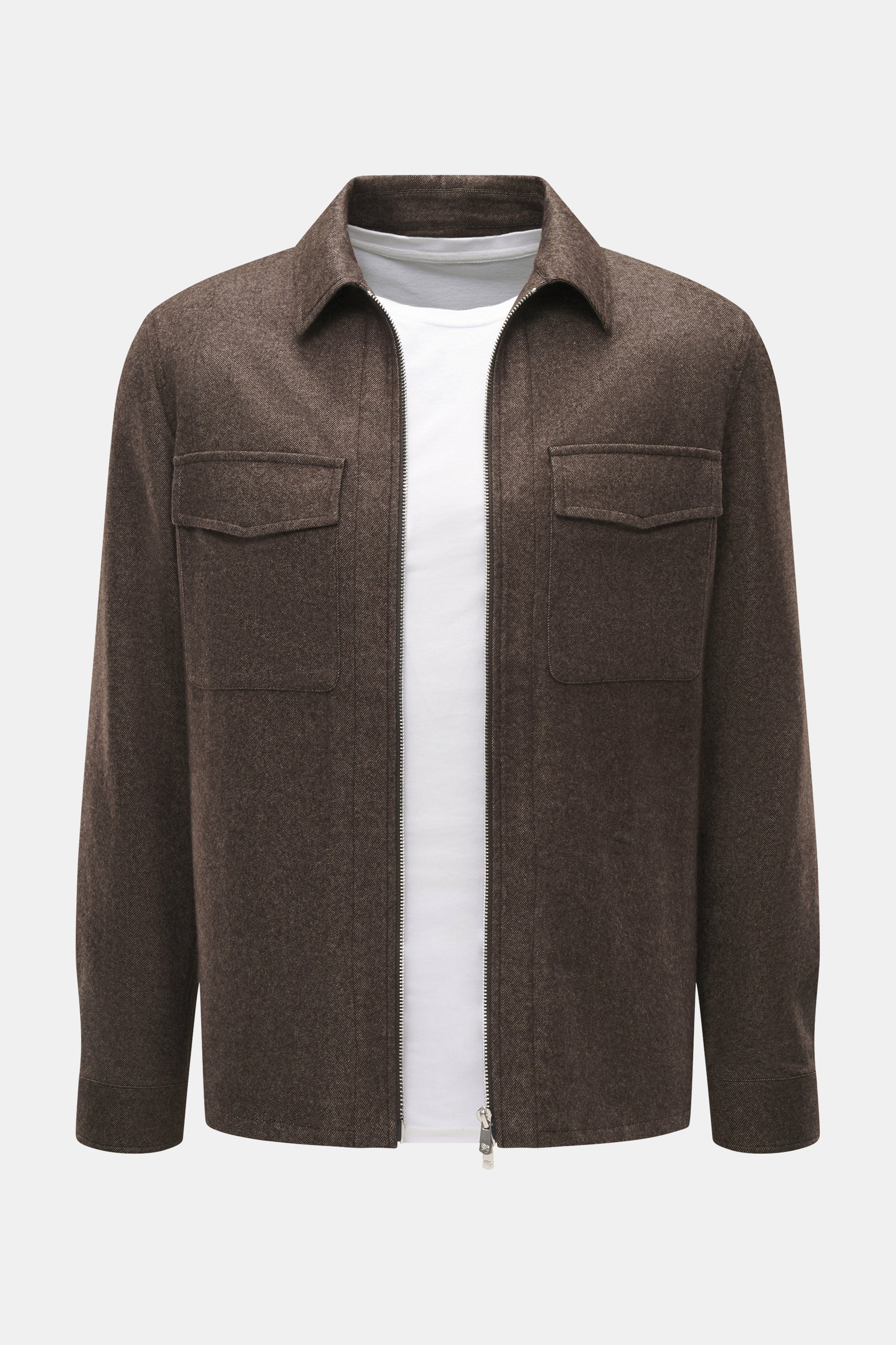 Front view of Marco Pescarolo Overshirt 'Urus' brown melange with turn-down collar, zip closure, patch chest and side seam hip pockets.  
MARCO PESCAROLO impresses with the traditionally Italian-made overshirt 'Urus', naturally combining noble material co