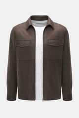Front view of Marco Pescarolo Overshirt 'Urus' brown melange with turn-down collar, zip closure, patch chest and side seam hip pockets.  
MARCO PESCAROLO impresses with the traditionally Italian-made overshirt 'Urus', naturally combining noble material co