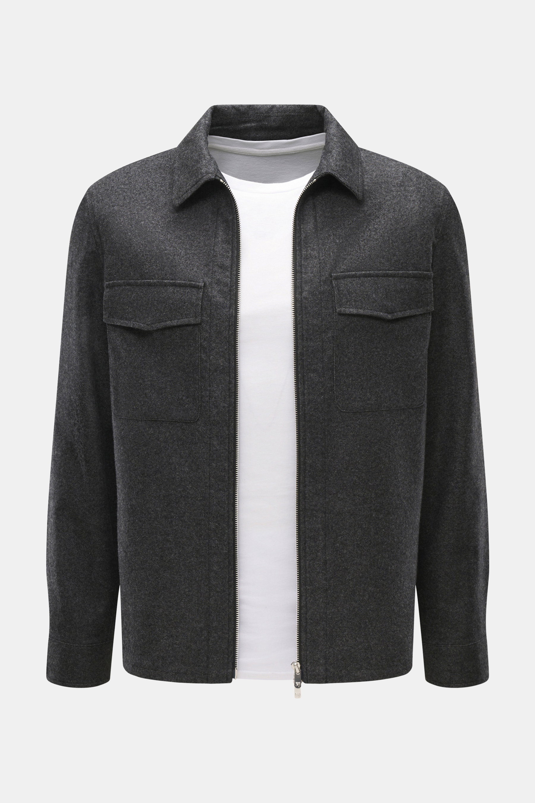 Front view of Marco Pescarolo Overshirt 'Urus' dark grey melange with patch chest pockets, two-way zipper, and turn-down collar, made of soft cashmere-cotton mix.