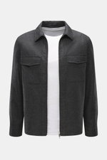 Front view of Marco Pescarolo Overshirt 'Urus' dark grey melange with patch chest pockets, two-way zipper, and turn-down collar, made of soft cashmere-cotton mix.