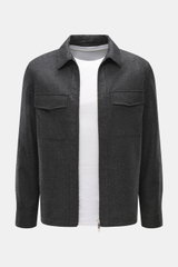 Front view of Marco Pescarolo Overshirt 'Urus' dark grey melange with patch chest pockets, two-way zipper, and turn-down collar, made of soft cashmere-cotton mix.