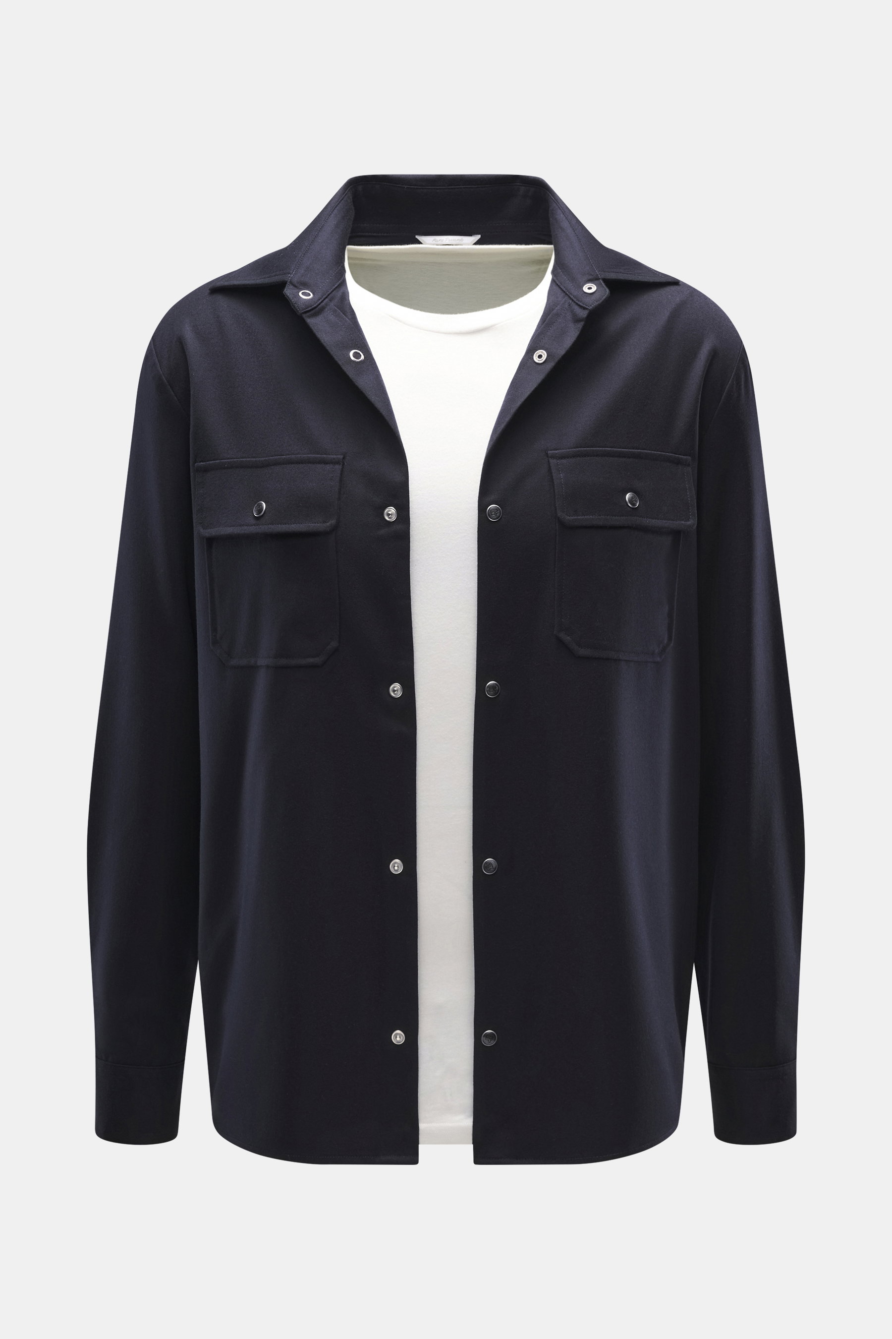 Front view of Marco Pescarolo Overshirt 'Next' navy in lightweight virgin wool-silk blend, featuring snap buttons, patch chest pockets, turn-down collar, sport cuffs, and a slightly rounded hemline. Timeless elegance with a sporty character, traditionally
