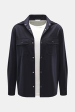 Marco Pescarolo Overshirt 'Next' navy in Frontansicht mit Umlegekragen, Brusttaschen, Druckknöpfen, Regular Fit, Schurwoll-Seide-Mix, weicher Griff, gerundetem Saum.