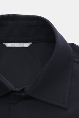 Marco Pescarolo Overshirt "Next" navy, Nahaufnahme Kragen innen, Schurwoll-Seide-Mix, weicher Griff, Regular Fit, französische Knopfleiste, aufgesetzte Brusttaschen.
