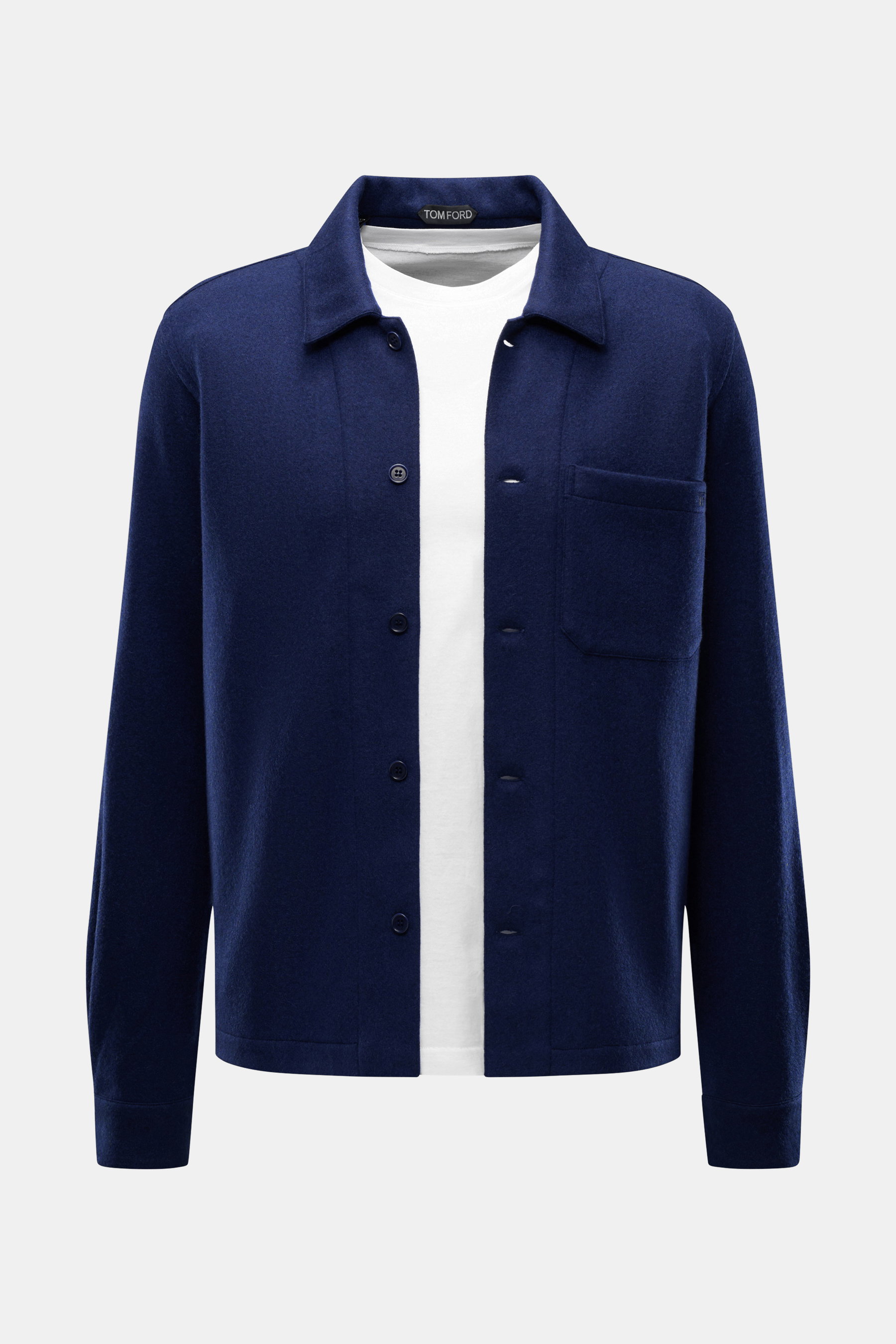 Front-facing view of the Tom Ford Cashmere Overshirt navy in slim fit, featuring a turn-down collar, patch chest pocket, and French button placket.

<p>This overshirt by TOM FORD combines luxurious cashmere with a streamlined cut - the perfect layering pi