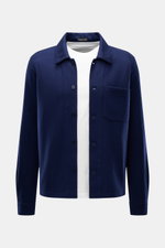 Tom Ford Cashmere Overshirt navy, frontale Nahaufnahme, reiner Cashmere, Slim Fit, Umlegekragen, Brusttasche, französische Knopfleiste, gerader Saum.