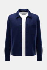 Tom Ford Cashmere Overshirt navy, frontale Nahaufnahme, reiner Cashmere, Slim Fit, Umlegekragen, Brusttasche, französische Knopfleiste, gerader Saum.