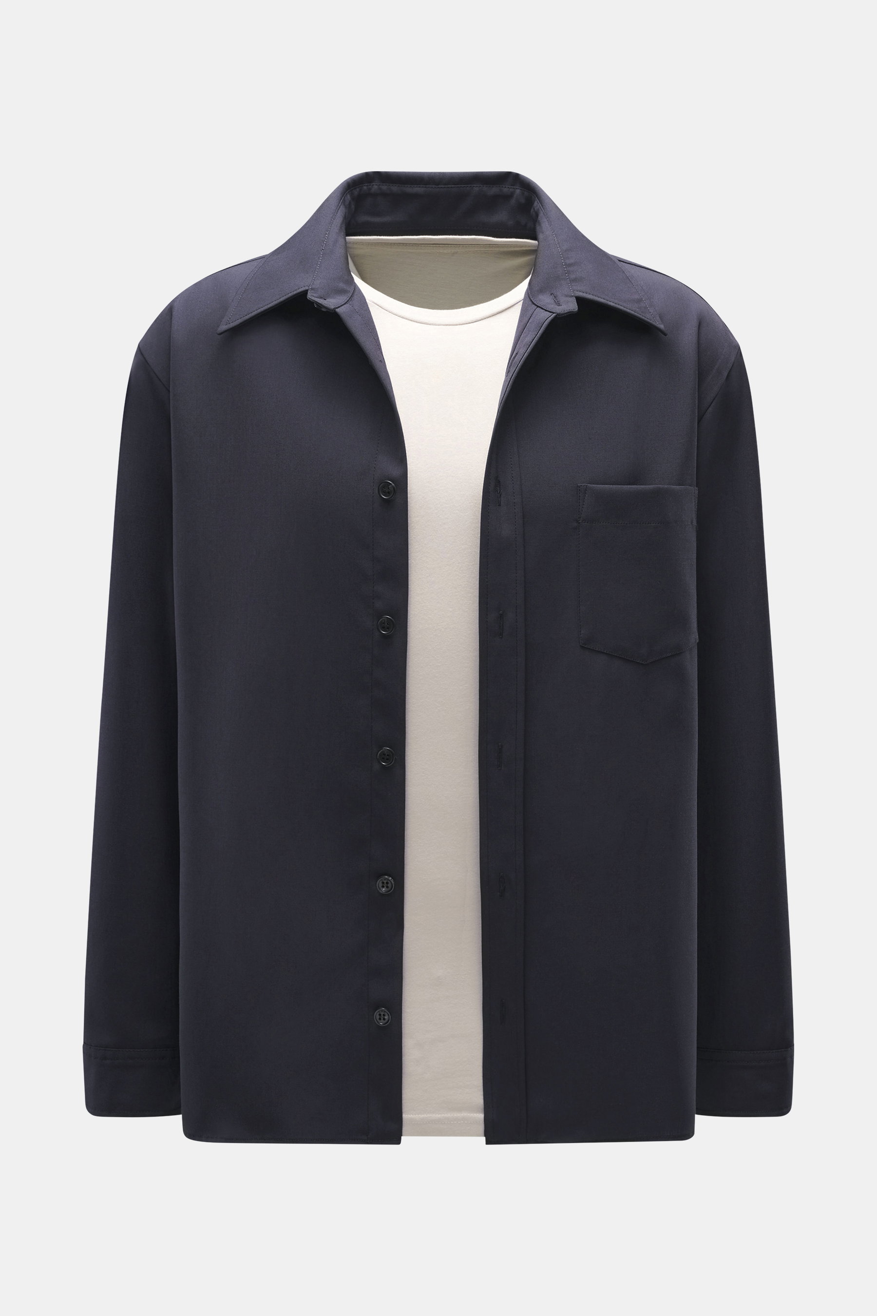 Front view of A.P.C. Overshirt 'Malaury' navy, mix of virgin wool and microfiber, slightly textured feel, regular fit, patch button placket, turn-down collar, patch chest pocket, sleeve cuffs with cuff, slightly rounded hem.