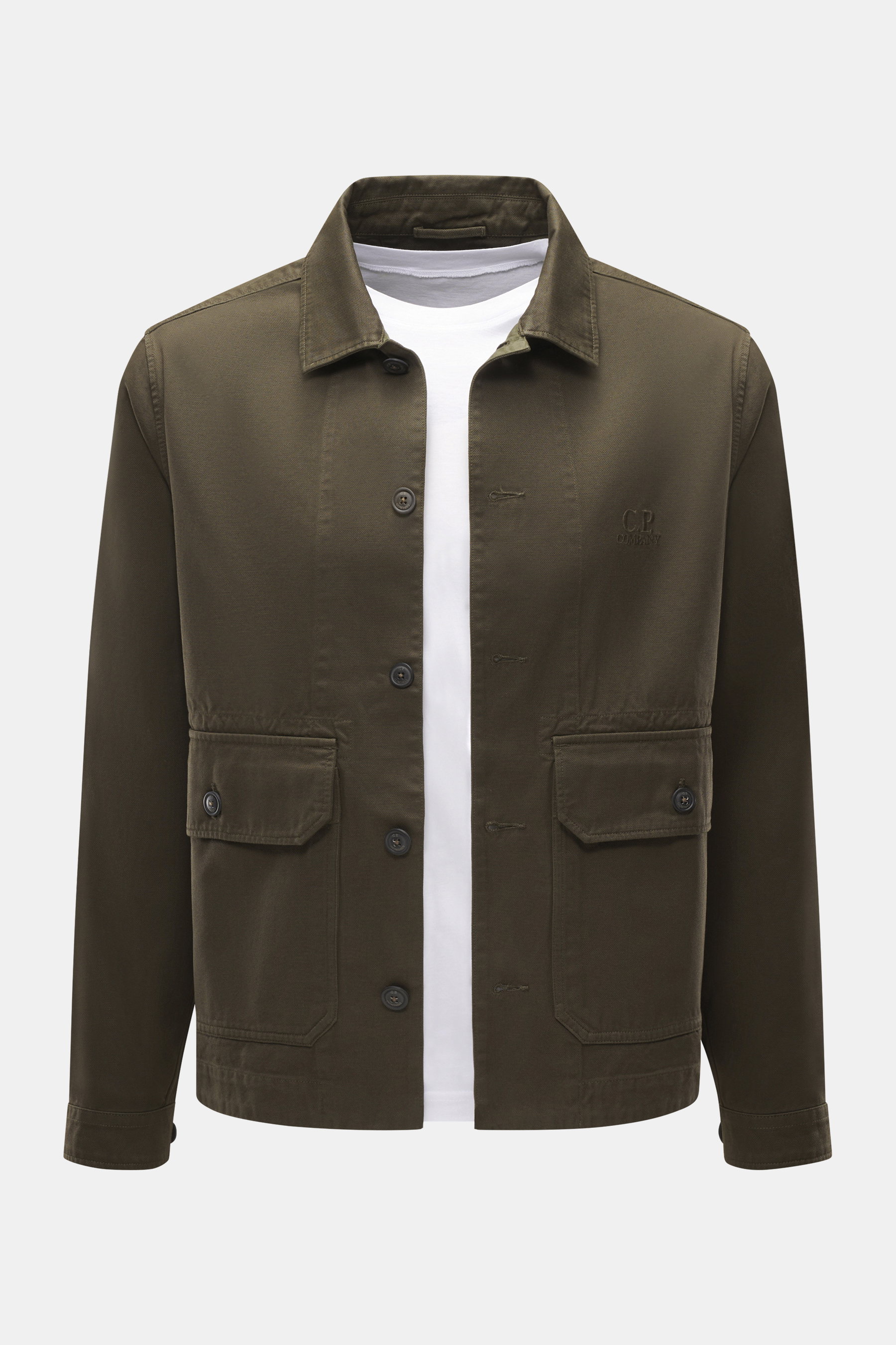 Front view of C.P. Company Overshirt khaki in pure cotton with a slightly textured feel, slim fit, smooth button placket, turn-down collar, front pockets with flap, and sleeve cuffs with cuff.