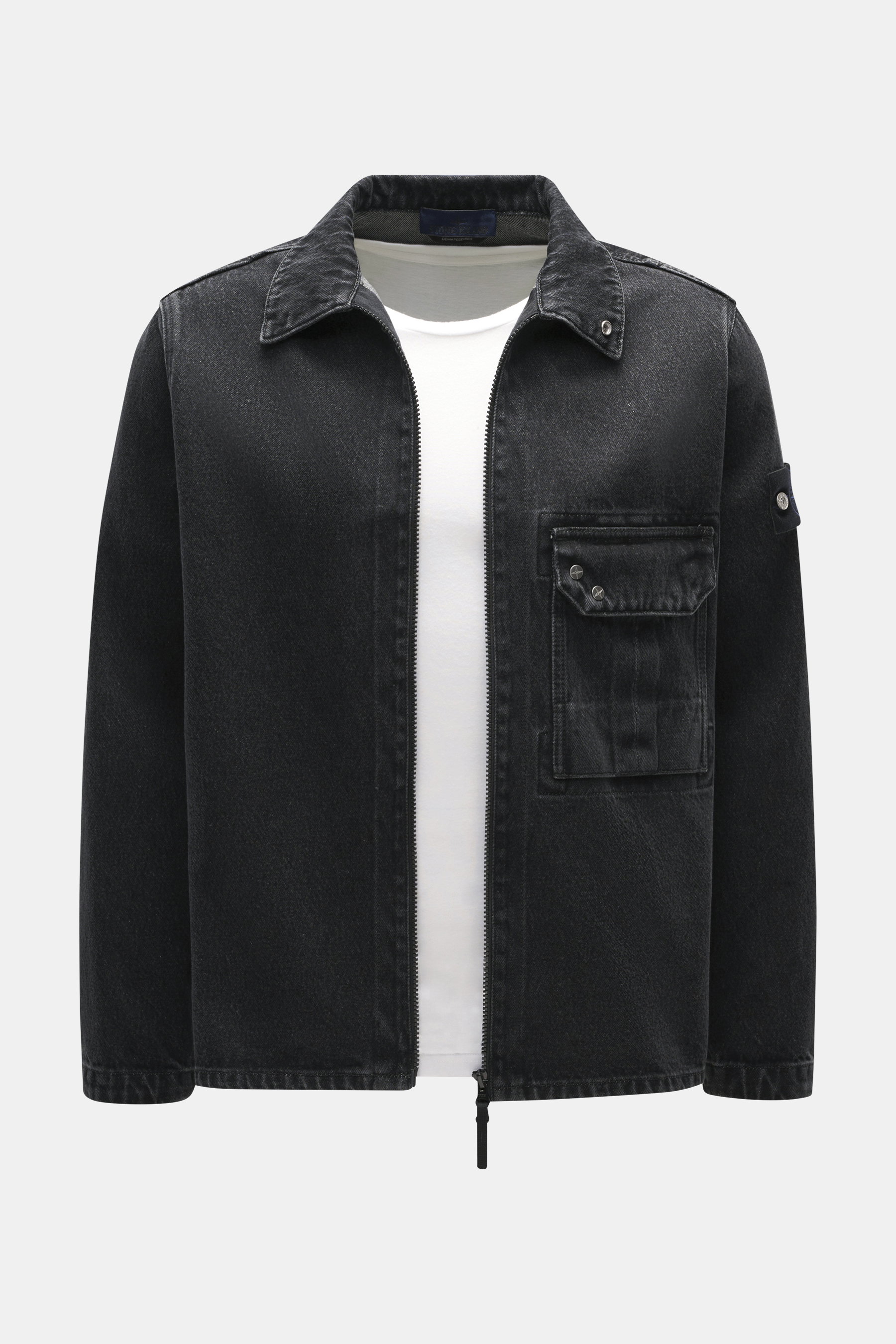 Front view of Stone Island Denim Overshirt dark grey, slim fit, denim made of pure cotton with typical material structure, robust two-way zipper, turn-down collar, patch chest pocket, compass badge on upper arm, and buttoned sleeve cuffs.