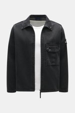 Front view of Stone Island Denim Overshirt dark grey, slim fit, denim made of pure cotton with typical material structure, robust two-way zipper, turn-down collar, patch chest pocket, compass badge on upper arm, and buttoned sleeve cuffs.