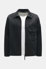 Front view of Stone Island Denim Overshirt dark grey, slim fit, denim made of pure cotton with typical material structure, robust two-way zipper, turn-down collar, patch chest pocket, compass badge on upper arm, and buttoned sleeve cuffs.