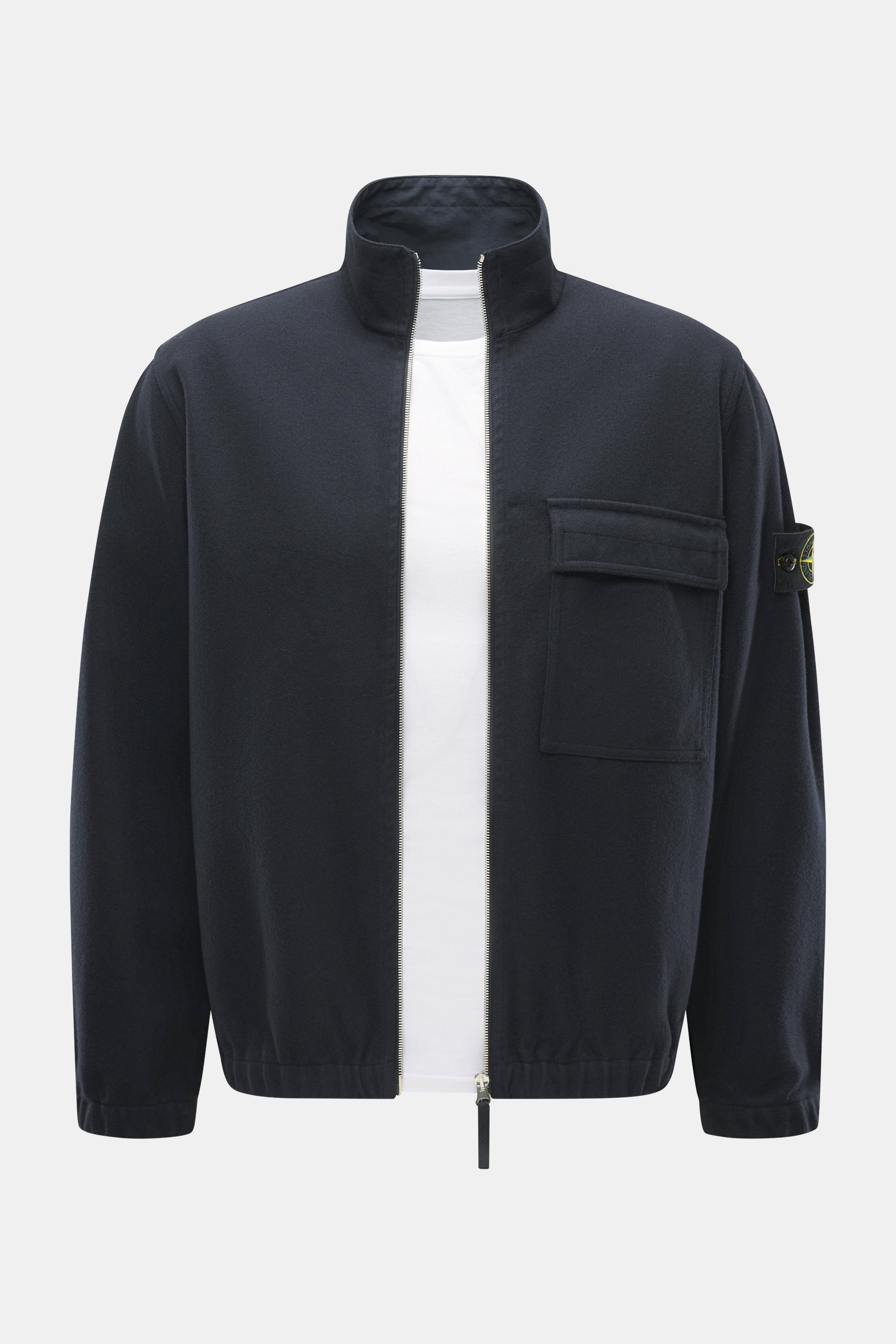 Front view of Stone Island Overshirt navy, slim fit with high-closing two-way zipper, patch chest pocket with flap, compass badge, elastic cuffs, unlined, garment dyed, mix of virgin wool and microfiber, firm felted quality.