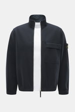 Front view of Stone Island Overshirt navy, slim fit with high-closing two-way zipper, patch chest pocket with flap, compass badge, elastic cuffs, unlined, garment dyed, mix of virgin wool and microfiber, firm felted quality.