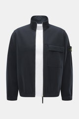 Front view of Stone Island Overshirt navy, slim fit with high-closing two-way zipper, patch chest pocket with flap, compass badge, elastic cuffs, unlined, garment dyed, mix of virgin wool and microfiber, firm felted quality.