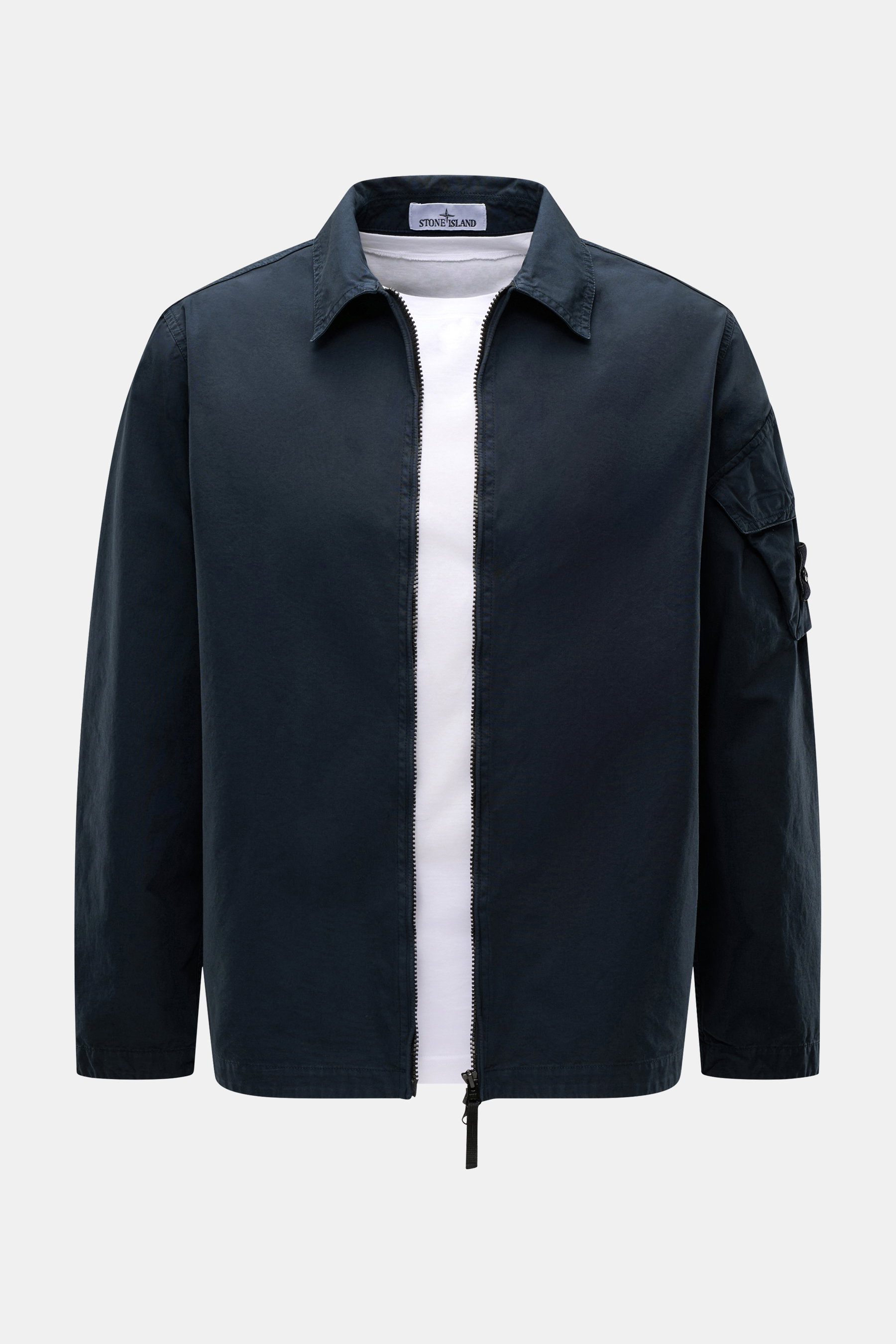 Front view of Stone Island Overshirt 'Canvas' navy, showcasing a robust utility look with organic cotton canvas, turn-down collar, two-way zipper, patch pocket with flap on sleeve, compass badge, adjustable snap cuffs, and unlined durable garment-dyed fab