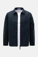 Front view of Stone Island Overshirt 'Canvas' navy, showcasing a robust utility look with organic cotton canvas, turn-down collar, two-way zipper, patch pocket with flap on sleeve, compass badge, adjustable snap cuffs, and unlined durable garment-dyed fab