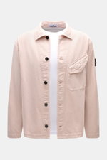 Stone Island Overshirt Dusky Pink shown from a front perspective, pure cotton with five-button placket, turn-down collar, patch pocket, compass badge, button cuffs.