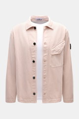 Stone Island Overshirt Dusky Pink shown from a front perspective, pure cotton with five-button placket, turn-down collar, patch pocket, compass badge, button cuffs.