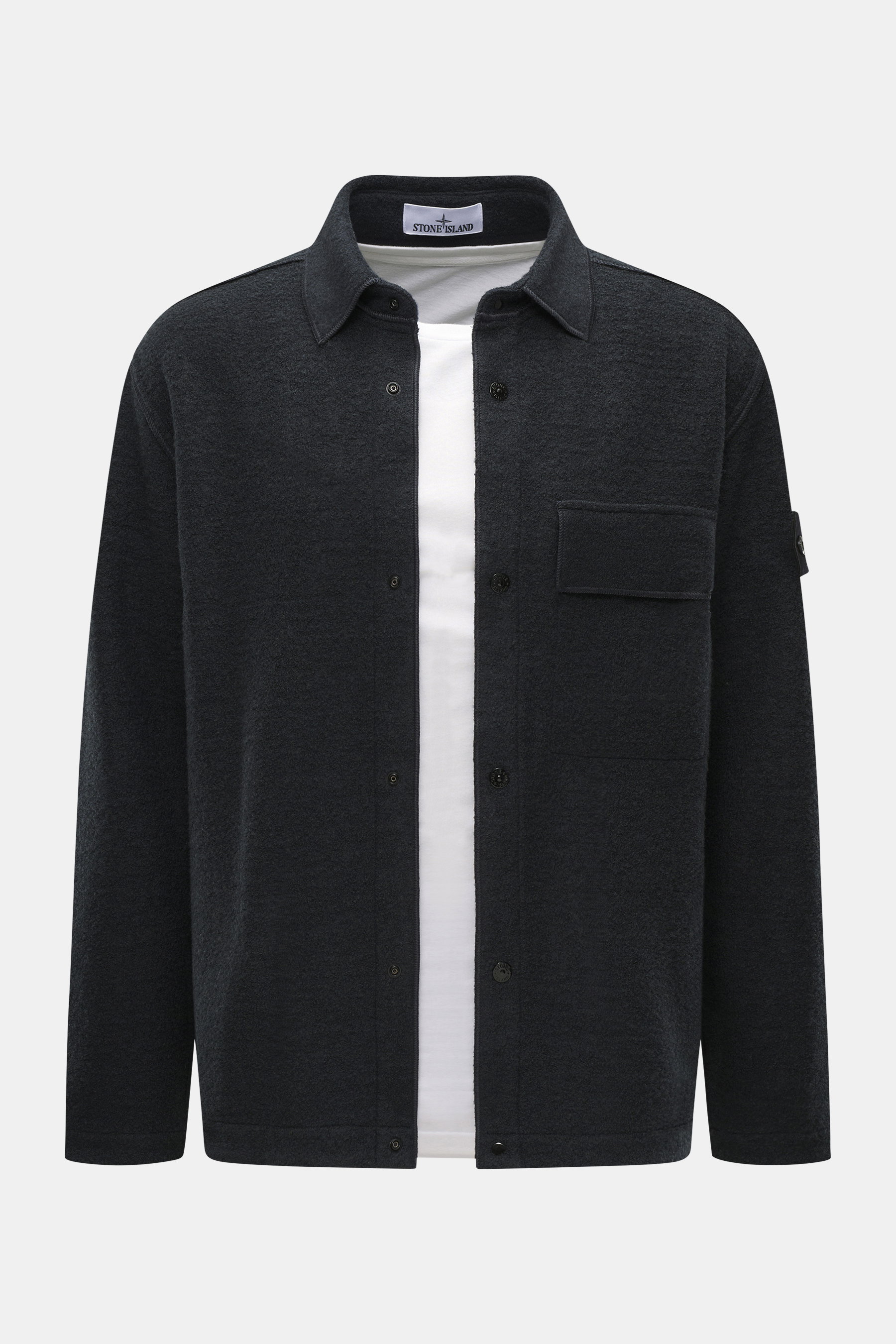 Stone Island Overshirt navy, frontal fotografiert, Bouclé-Mix aus Wolle und Microfaser, Regular Fit, Brusttasche, Kompass-Badge, ungefüttert.