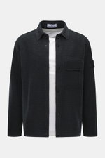 Front view of Stone Island Overshirt navy in bouclé wool-microfiber mix, featuring five-button placket, turn-down collar, patch chest pocket, compass badge on upper arm, regular fit, slightly textured feel, and unlined design, layered over a white shirt.