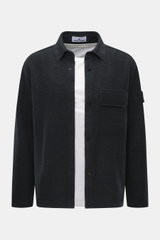 Front view of Stone Island Overshirt navy in bouclé wool-microfiber mix, featuring five-button placket, turn-down collar, patch chest pocket, compass badge on upper arm, regular fit, slightly textured feel, and unlined design, layered over a white shirt.
