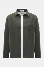 Front view of Stone Island Overshirt grey green in a slightly textured wool and microfiber mix, featuring a five-button placket, turn-down collar, patch chest pocket, compass badge on upper arm, and unlined regular fit.

Timeless layering essential: The b