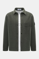 Front view of Stone Island Overshirt grey green in a slightly textured wool and microfiber mix, featuring a five-button placket, turn-down collar, patch chest pocket, compass badge on upper arm, and unlined regular fit.

Timeless layering essential: The b