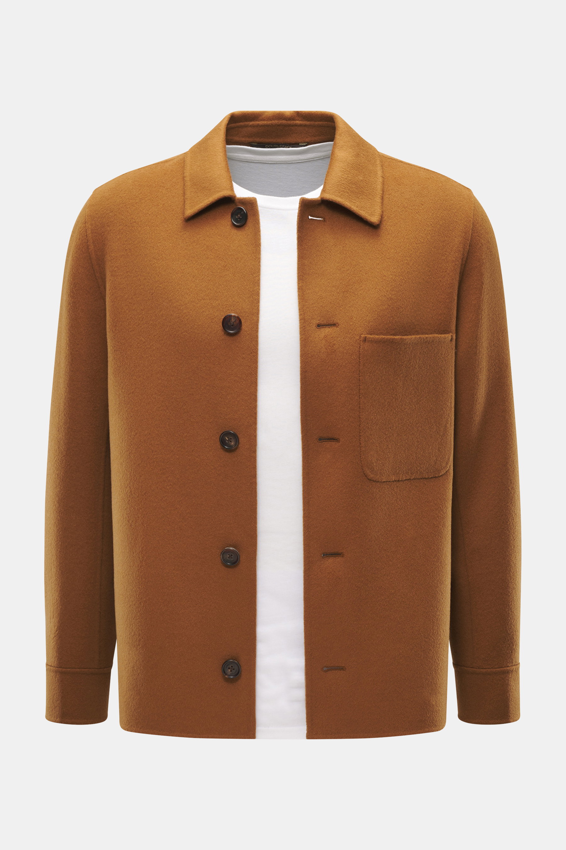 Windsor Woll-Overshirt 'Gaio' hellbraun, Slim Fit, reine Wolle, weicher Griff, Umlegekragen, Fünf-Knopf-Leiste, Brusttasche, Seitennahttaschen, Manschetten, Unconstructed Design, Leder-Innentasche, frontale Nahaufnahme.