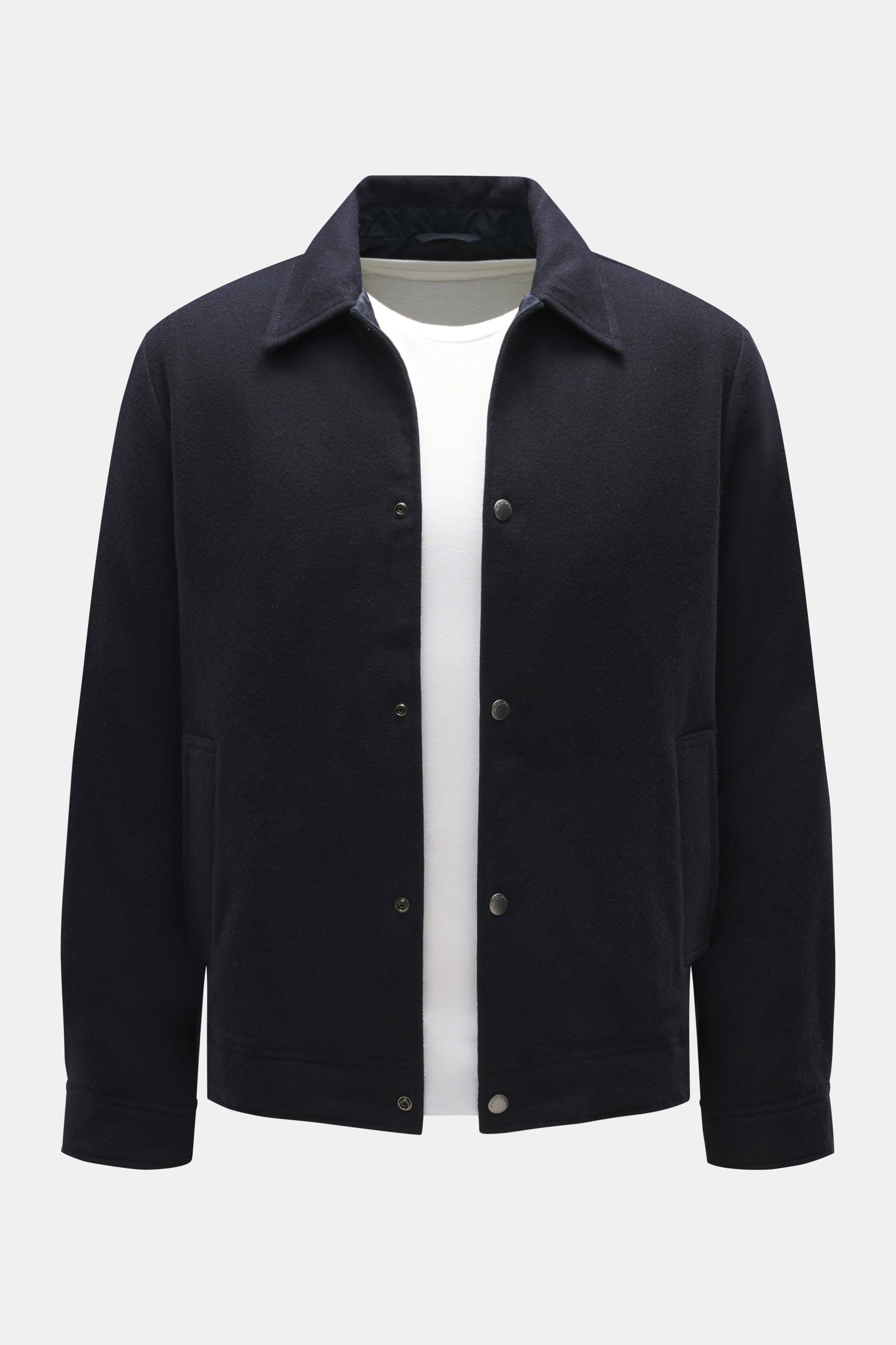 Woolrich Down jacket navy melange front view showing slim fit wool and microfiber fabric with light down filling, snap button placket, adjustable collar with button tab, slanted welt pockets, cuff sleeves with cuffs, adjustable waist width, quilted smooth