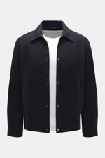 Woolrich Down jacket navy melange front view showing slim fit wool and microfiber fabric with light down filling, snap button placket, adjustable collar with button tab, slanted welt pockets, cuff sleeves with cuffs, adjustable waist width, quilted smooth