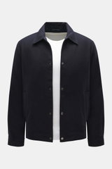 Woolrich Down jacket navy melange front view showing slim fit wool and microfiber fabric with light down filling, snap button placket, adjustable collar with button tab, slanted welt pockets, cuff sleeves with cuffs, adjustable waist width, quilted smooth