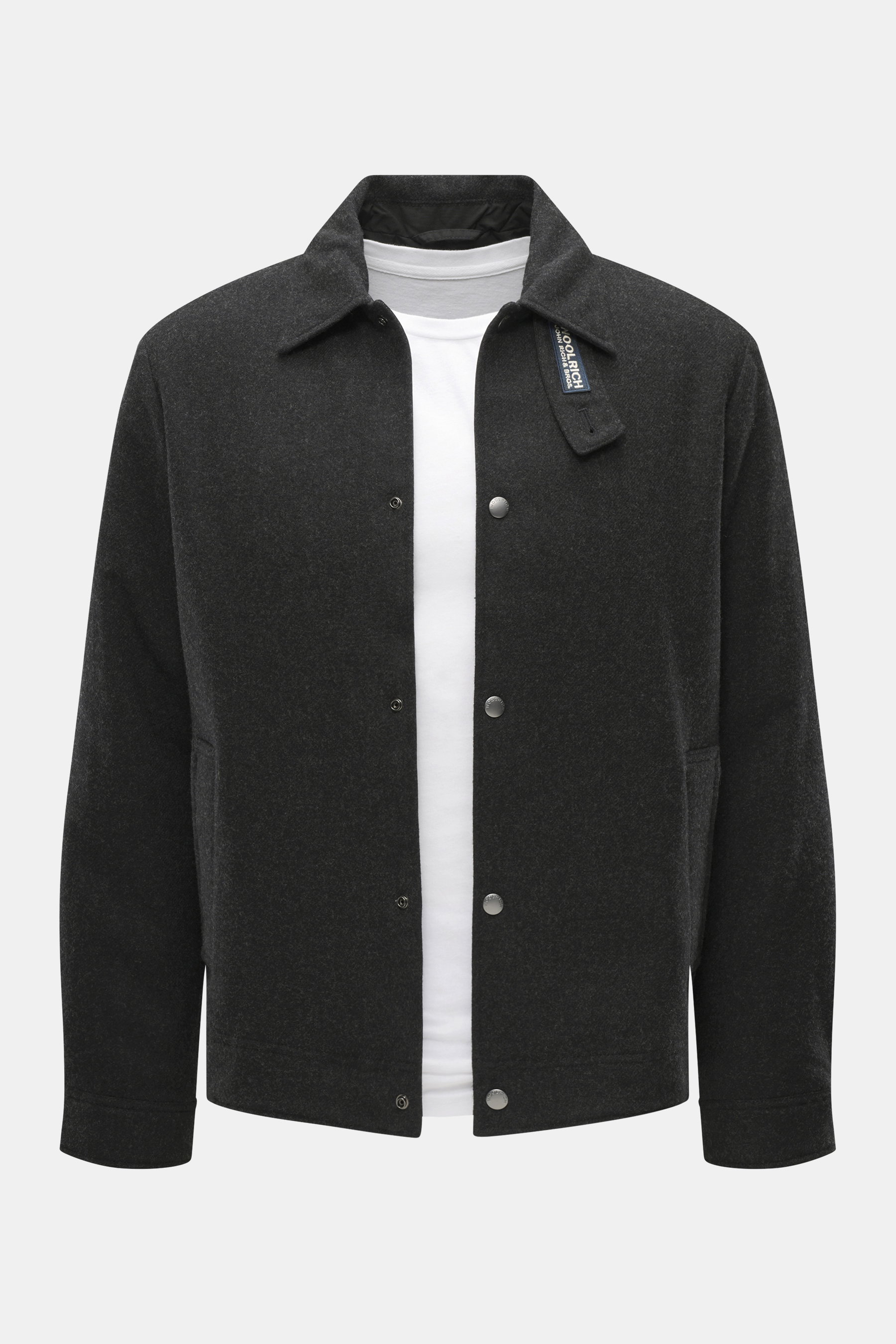 Front view of Woolrich Down jacket black melange in slim fit, made of wool and microfiber with light down filling, snap button placket, adjustable collar with button tab, slanted welt pockets, cuff sleeves with cuffs, adjustable waist width, quilted smoot