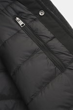 Close-up angled view of the Woolrich Down jacket black melange showing quilted smooth lining fabric, a zippered inside pocket, snap button placket, wool and microfiber, light down filling, slim fit, adjustable collar with button tab, slanted welt pockets,