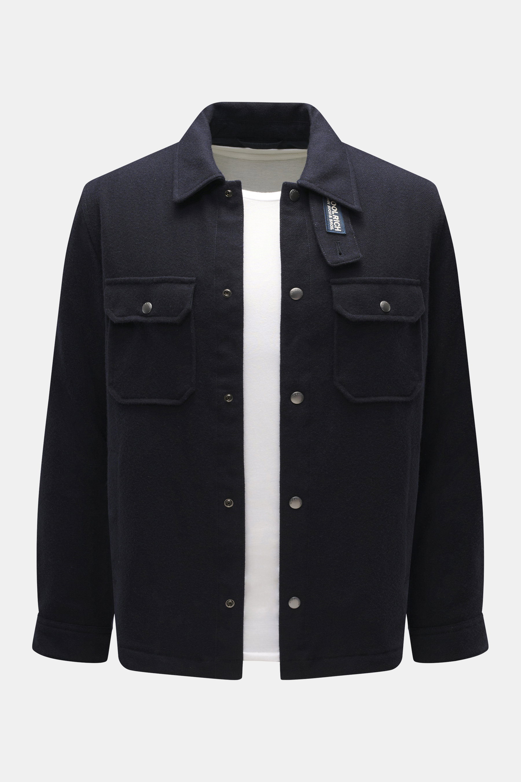 Front view of Woolrich Down jacket 'Alaskan' navy melange in slim fit, wool and microfiber with light down filling, snap button placket, adjustable collar with button tab, patch chest pockets, slanted welt pockets, sleeve cuffs with cuff, and quilted smoo