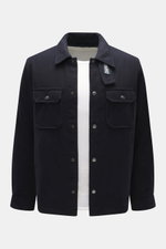 Front view of Woolrich Down jacket 'Alaskan' navy melange in slim fit, wool and microfiber with light down filling, snap button placket, adjustable collar with button tab, patch chest pockets, slanted welt pockets, sleeve cuffs with cuff, and quilted smoo