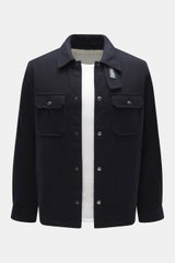 Front view of Woolrich Down jacket 'Alaskan' navy melange in slim fit, wool and microfiber with light down filling, snap button placket, adjustable collar with button tab, patch chest pockets, slanted welt pockets, sleeve cuffs with cuff, and quilted smoo